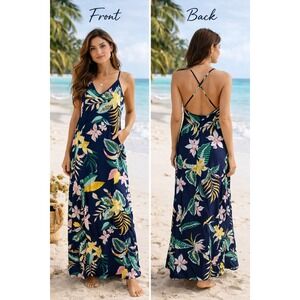 Tropical Floral Maxi Dress Womens Blue Vacation Beachy Summer Strappy Sleeveless
